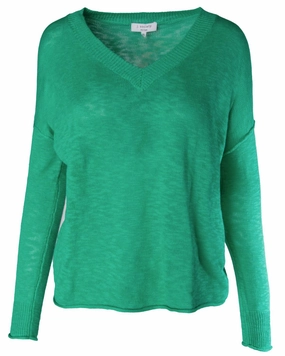 Flexible Collar Opening Women's Slub V Neck Sweater In Grass