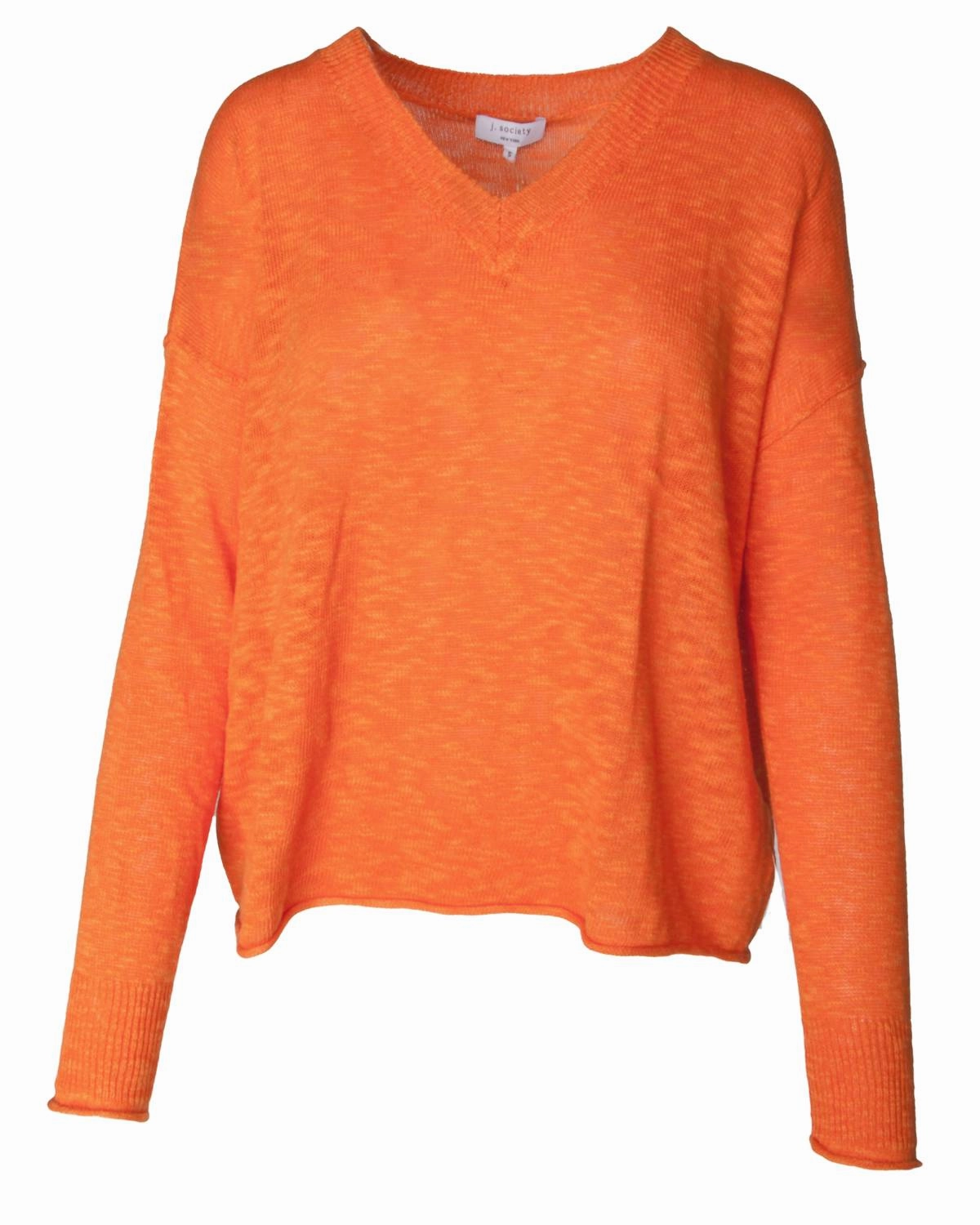 Women's Slub V Neck Sweater In Tangerine Quick Knit Classic Crew Neck