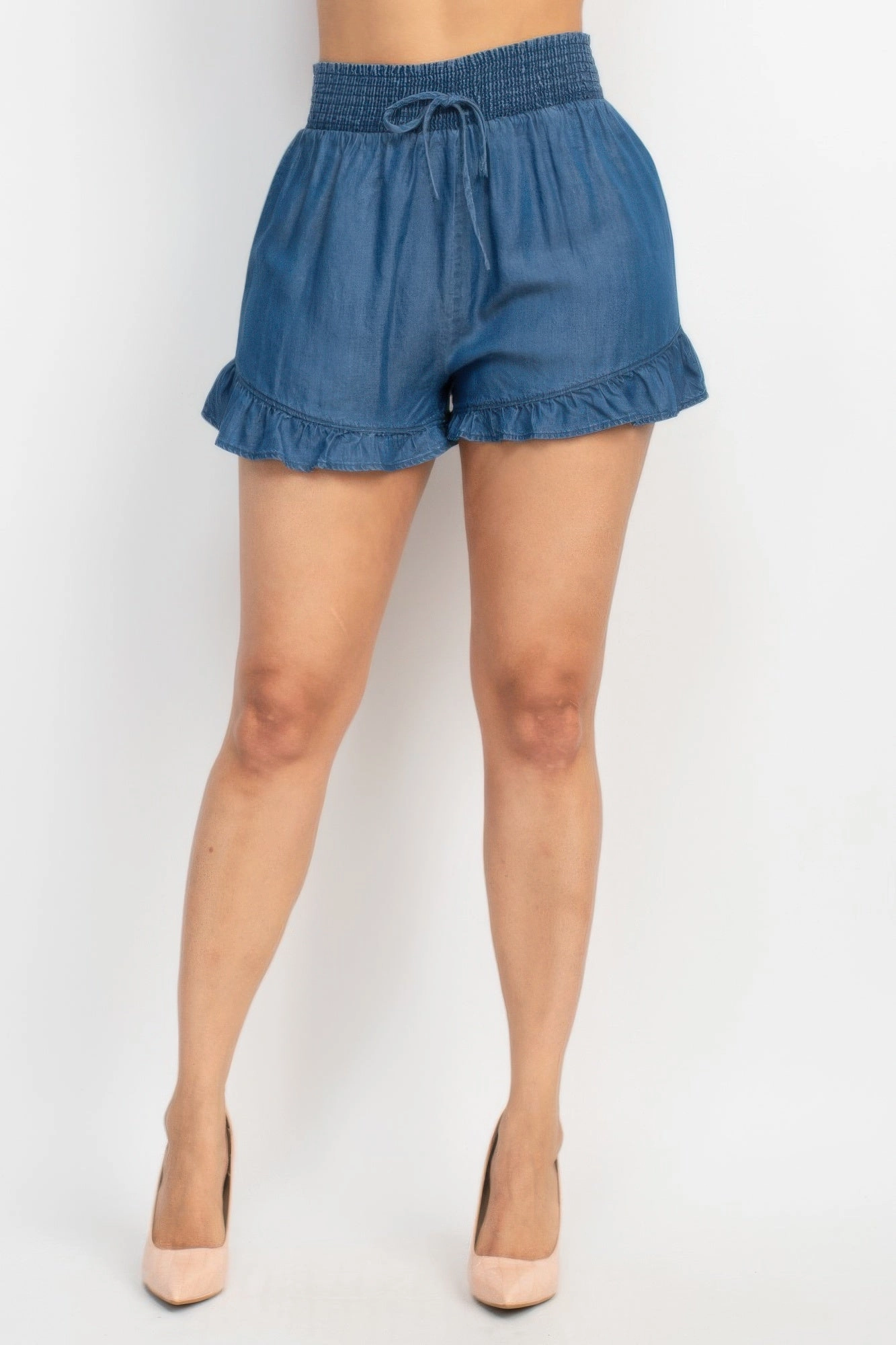 Women's Smocked Waist Ruffled Denim Shorts fade resistant color
