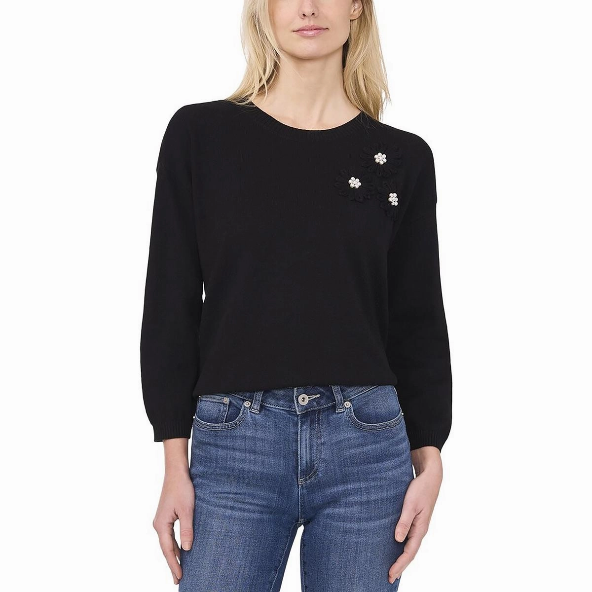 Zero Pilling Guarantee Cozy All-Day Womens Embellished Knit Pullover Sweater