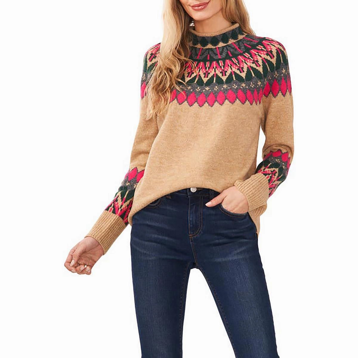 Womens Printed Acrylic Mock Turtleneck Sweater Breathable Open Weave