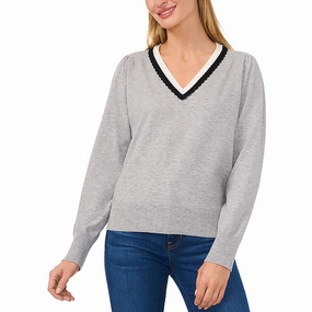 Womens Scalloped Polyester V-Neck Sweater Tactile Grid Knit