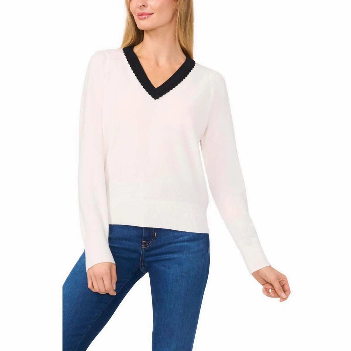Timeless Style Layering Essential Womens Scalloped Polyester V-Neck Sweater