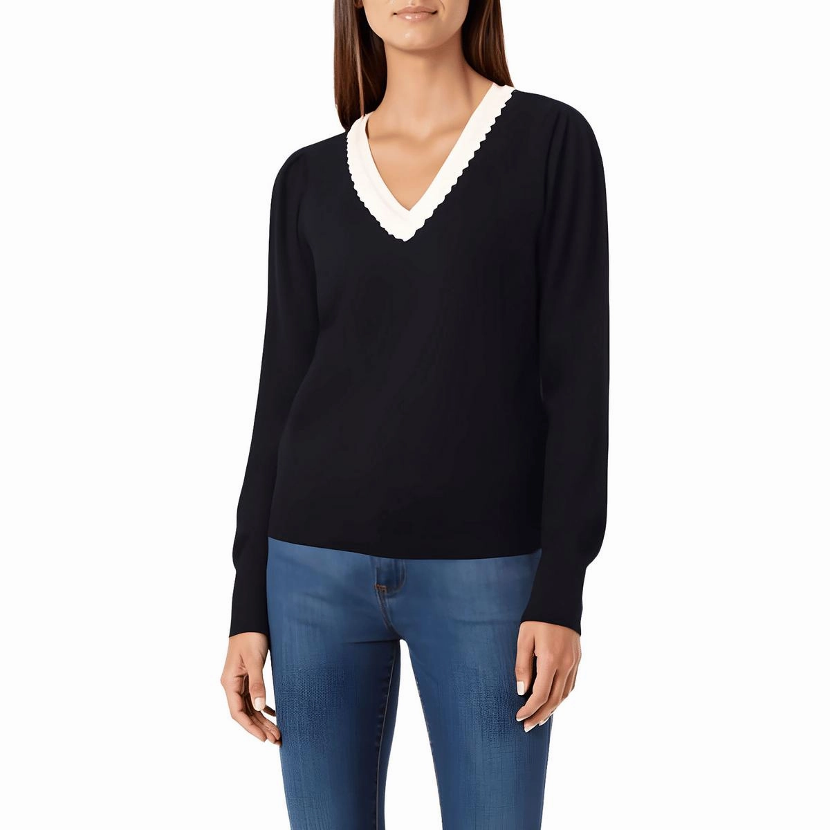 Sophisticated Layers Womens Scalloped Polyester V-Neck Sweater
