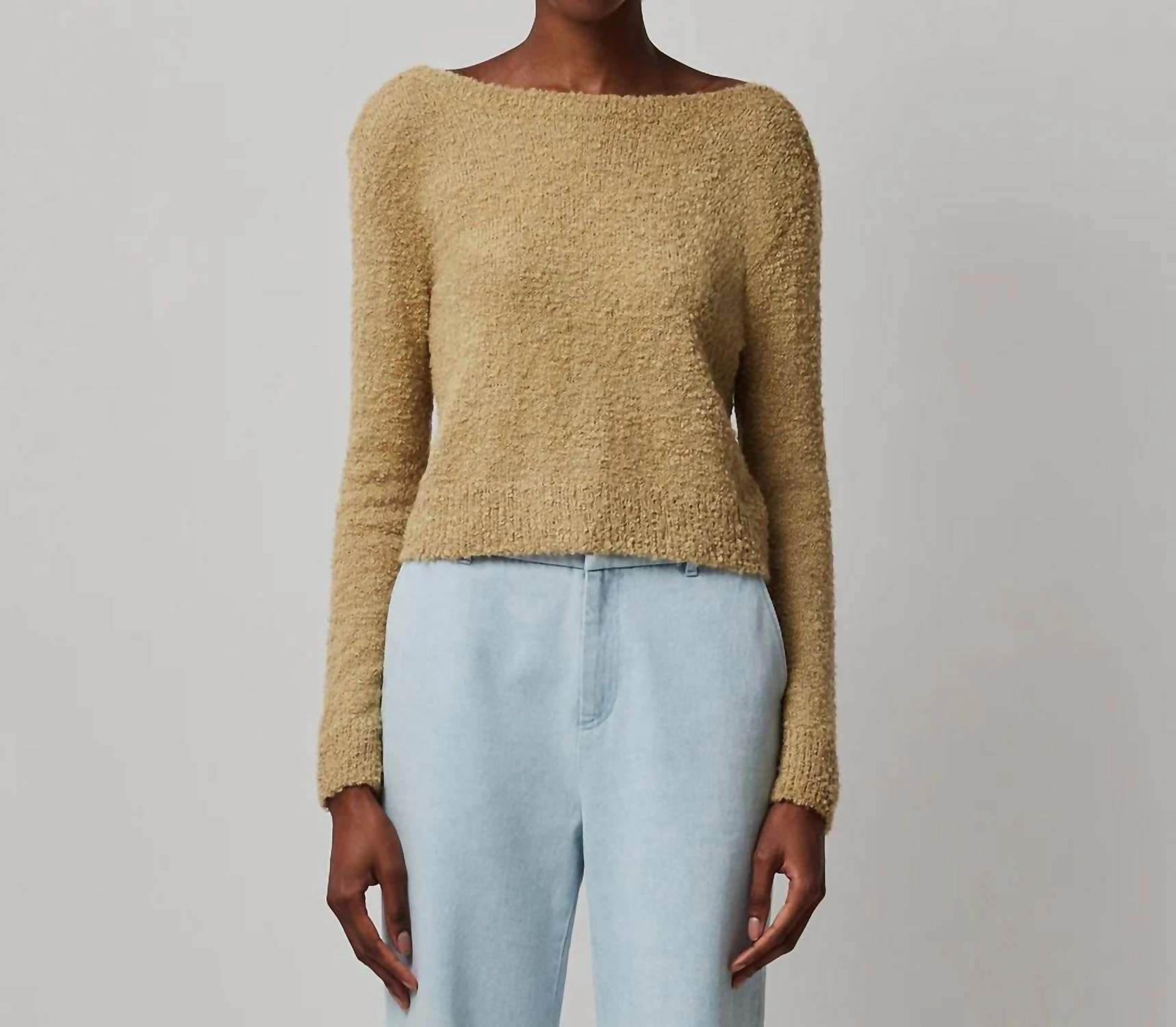 Thermal Lining Breathable Wool Wool Blend Boucle Long Sleeve Low Back Sweater In Soft Fawn