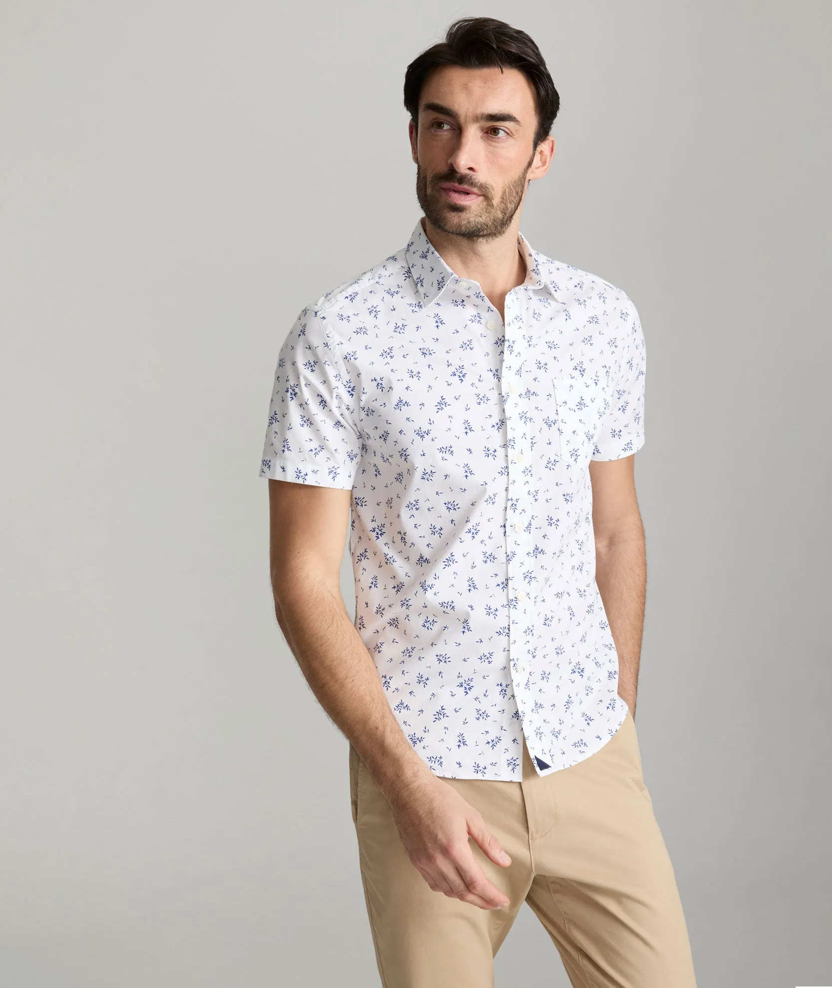 Stretch Cotton Short-Sleeve Ward Shirt Geometric Print