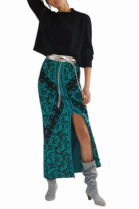 Floral Knit Midi Skirt In Green Evening Outing A Line Silhouette