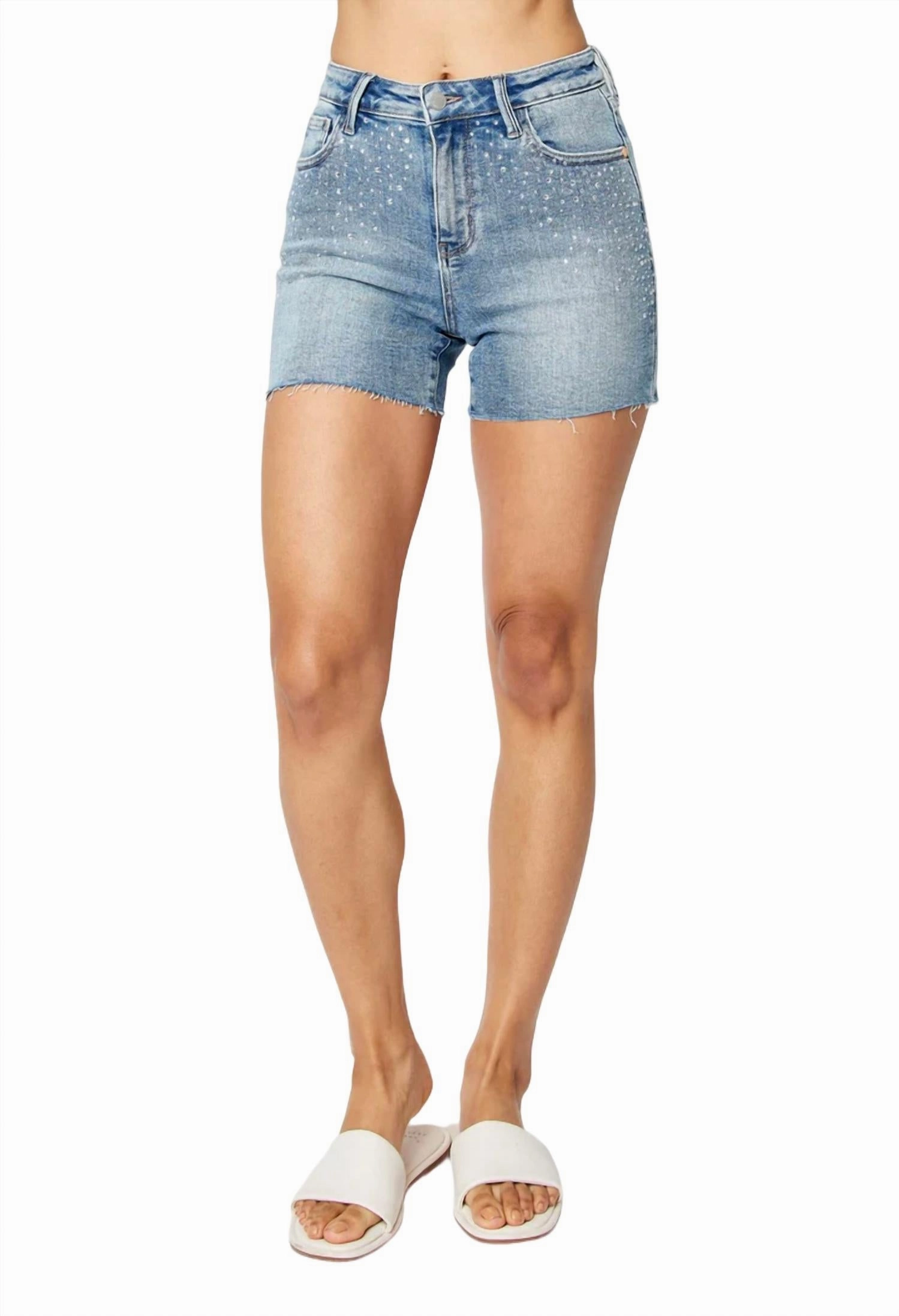 Rhinestone Embellishment Cut Off Shorts In Blue Hand washable
