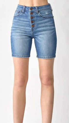 High Rise Button Fly Mid-Thigh Shorts In Blue Reflective details