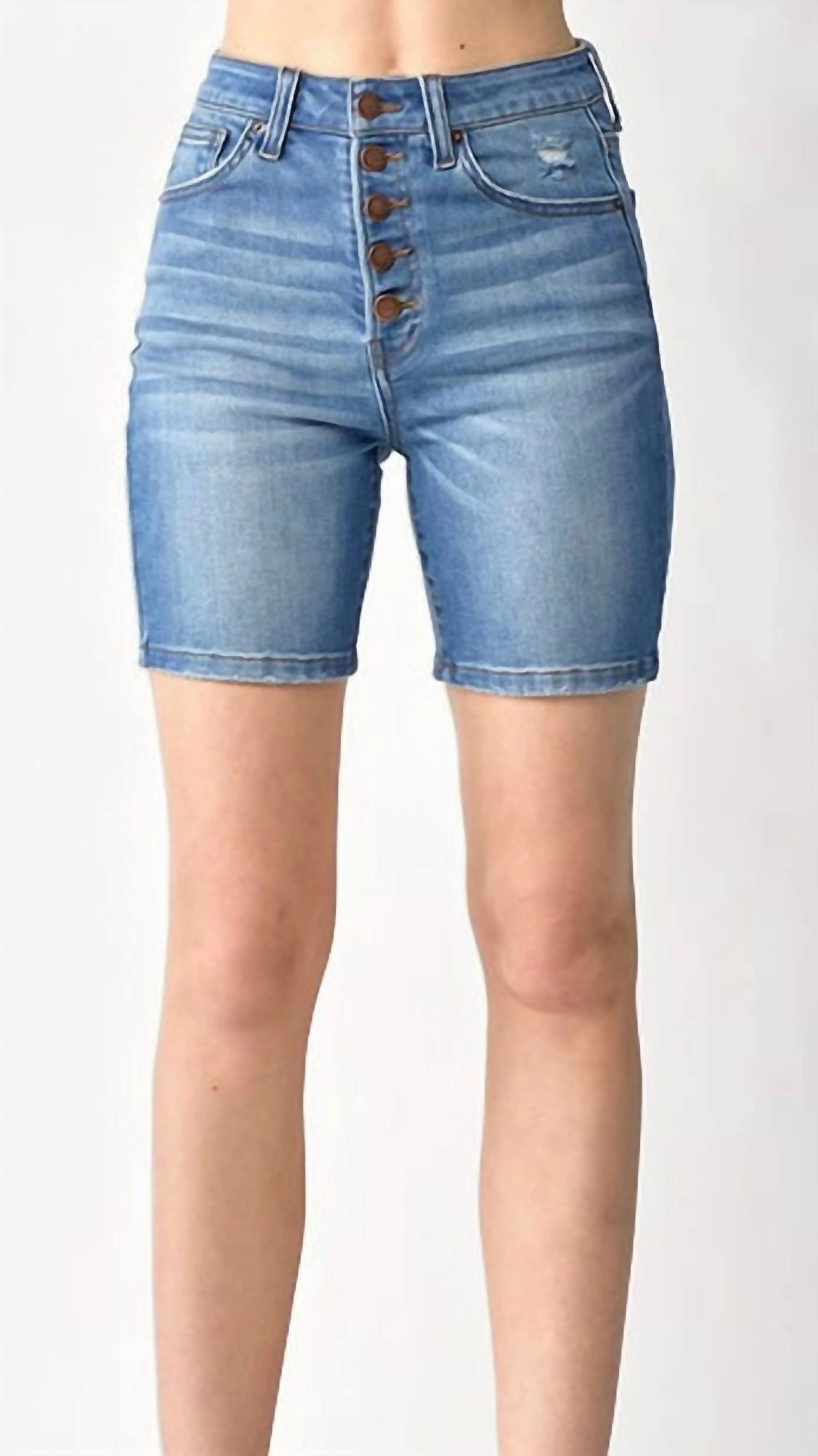 High Rise Button Fly Mid-Thigh Shorts In Blue Reflective details