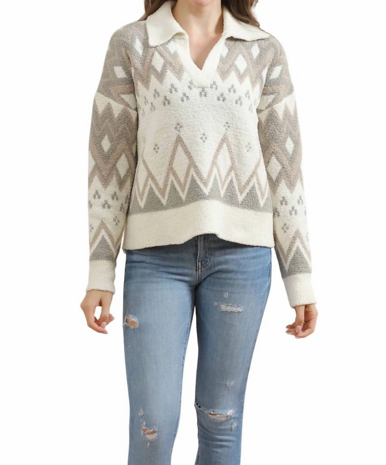 Tribal Pattern Collared Sweater In Beige Classic Knit Design Stretch Knit